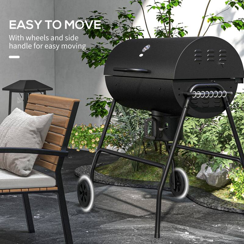 Barrel Charcoal BBQ Grill with 420 sq.in. Cooking Area, Outdoor Barbecue with Wheels, Ash Catcher and Built-in Thermometer