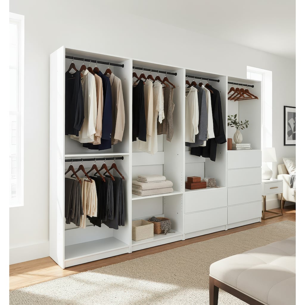 Prosper White Freestanding Walk in Wood Closet System - 125.6"W x 15.7"D x 83" H