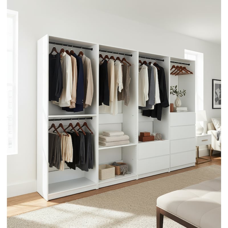 Prosper White Freestanding Walk in Wood Closet System - 125.6"W x 15.7"D x 83" H