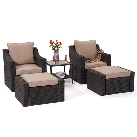 5-Piece Outdoor Rattan Furniture Sofa Sets with Beige cushion