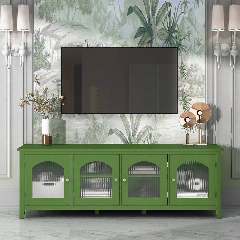 71" Modern TV Stand with Glass Door and Metal Handle - Antique Green