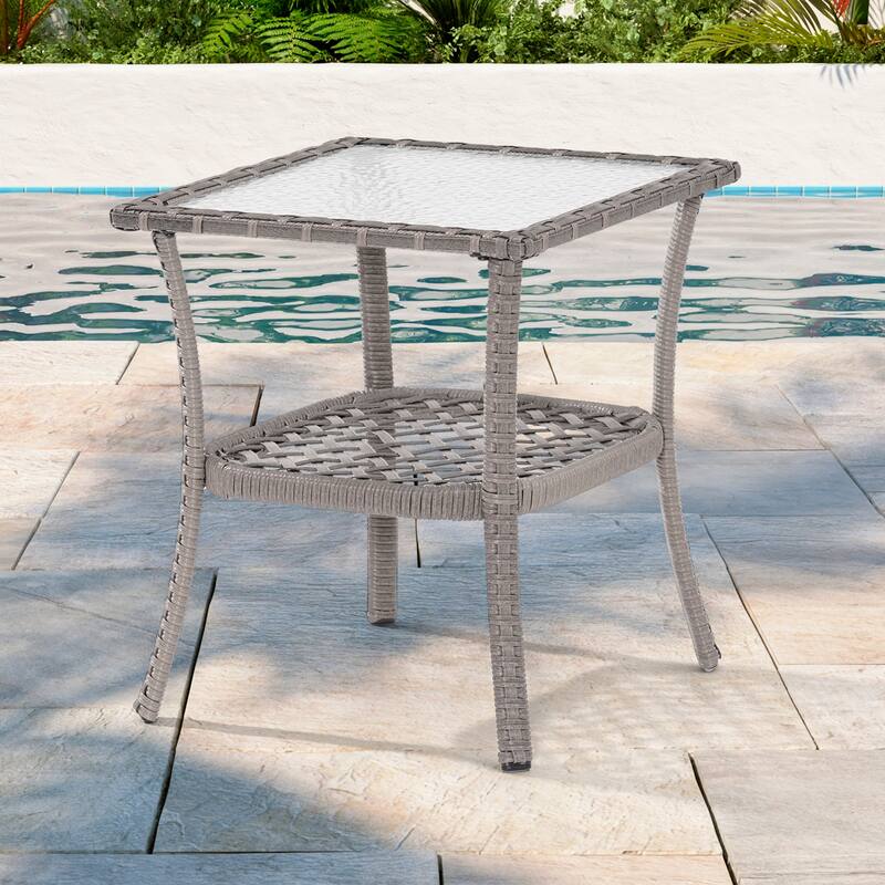 LIVOOSUN Patio Water Rippled Glass Side Table Rattan Coffee Table - AshGray