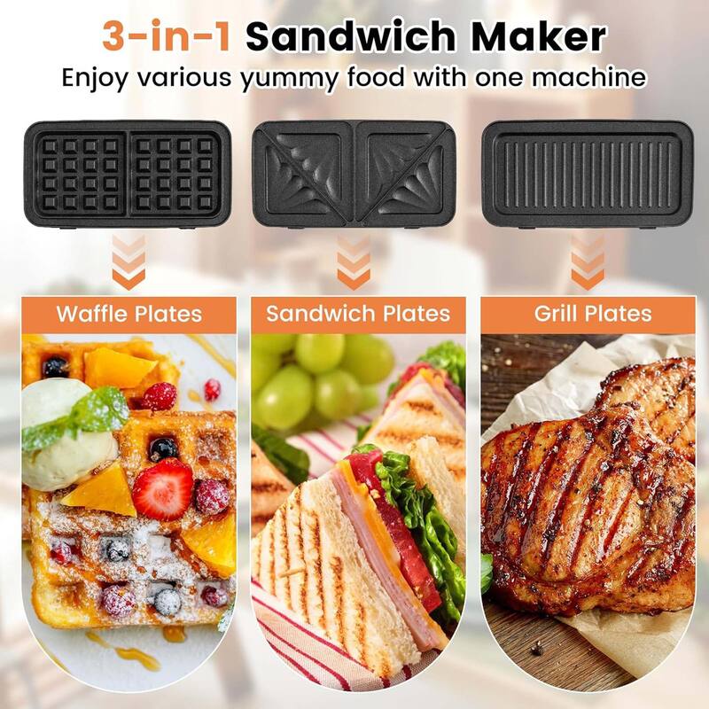 3 in 1 Waffle Maker Electric Panini Press Grill w/Non-Stick Plates