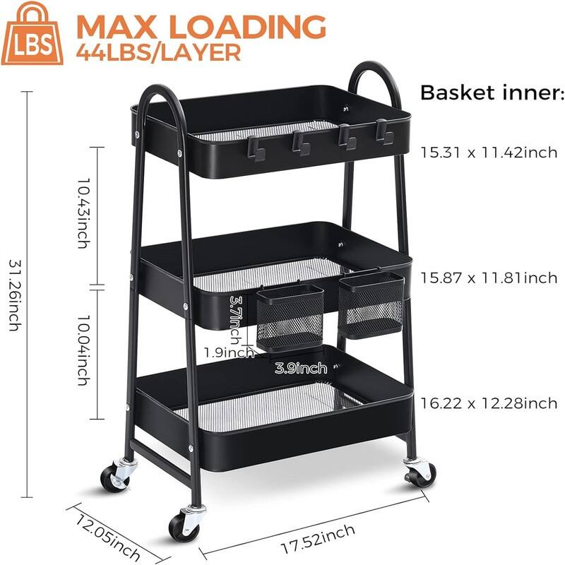 Tier Rolling Cart Metal Rolling Storage Cart with Handle and Lockable Wheels - 12.05"D x 17.52"W x 31.26"H