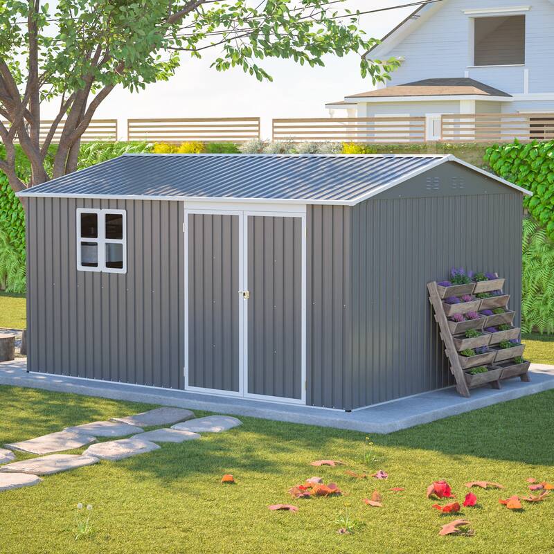 GDFStudio - Cassandra Large Outdoor Metal Storage Shed with Lockable Doors for Secure Vehicle and Equipment Storage - 12x10 FT - Gray