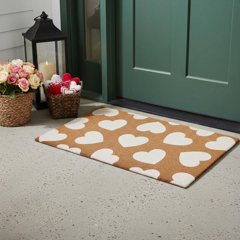 HomeRoots 17" X 29" Brown And White Hearts Outdoor Coir Door Mat - 17.00' X '29.00 - 17.00' X '29.00