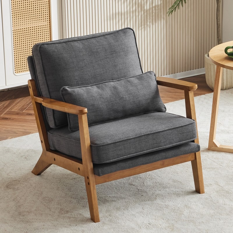 Upholstered Linen Blend Accent Chair with Wooden Legs and One Pillow Beige - Grey