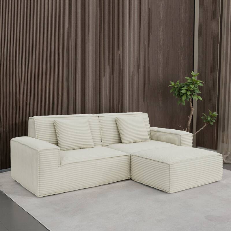 Anmytek Modern Large Striped Vacuum Compressed Full Sponge High Rebound Straight Sofa with Footstool Beige