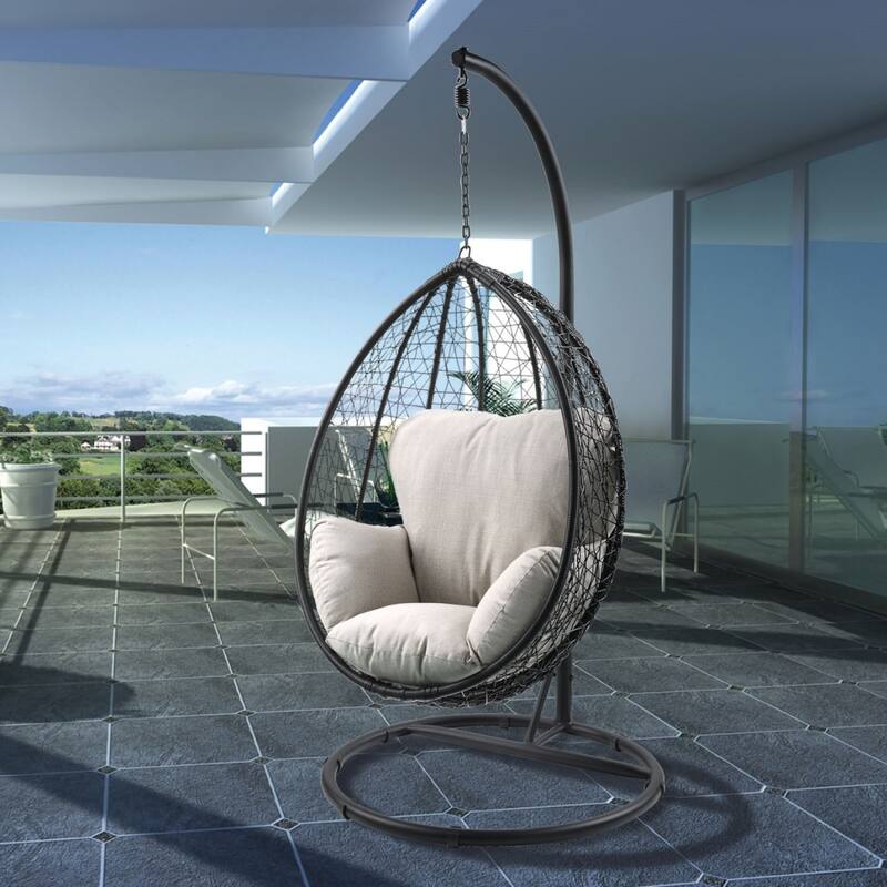Indoor Outdoor Wicker Hanging Basket Egg Swing Chair with Steel Stand - Beige/Black
