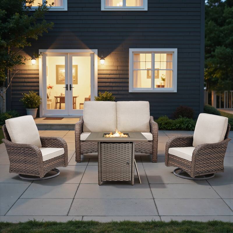 Pocassy Patio Funiture Sofa Swivel Chair Ottoman with Fire Table Set - Beige Cushion - Brown Wicker - 4-Piece Loveseat Swivel Chair with Fire Table