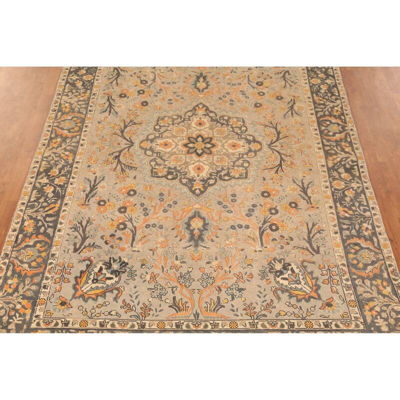 Hand Knotted Oriental 100% Wool Carpet Traditional Floral Greys & Charcoal Tabriz Area Rug - 10' 1'' X 6' 7''