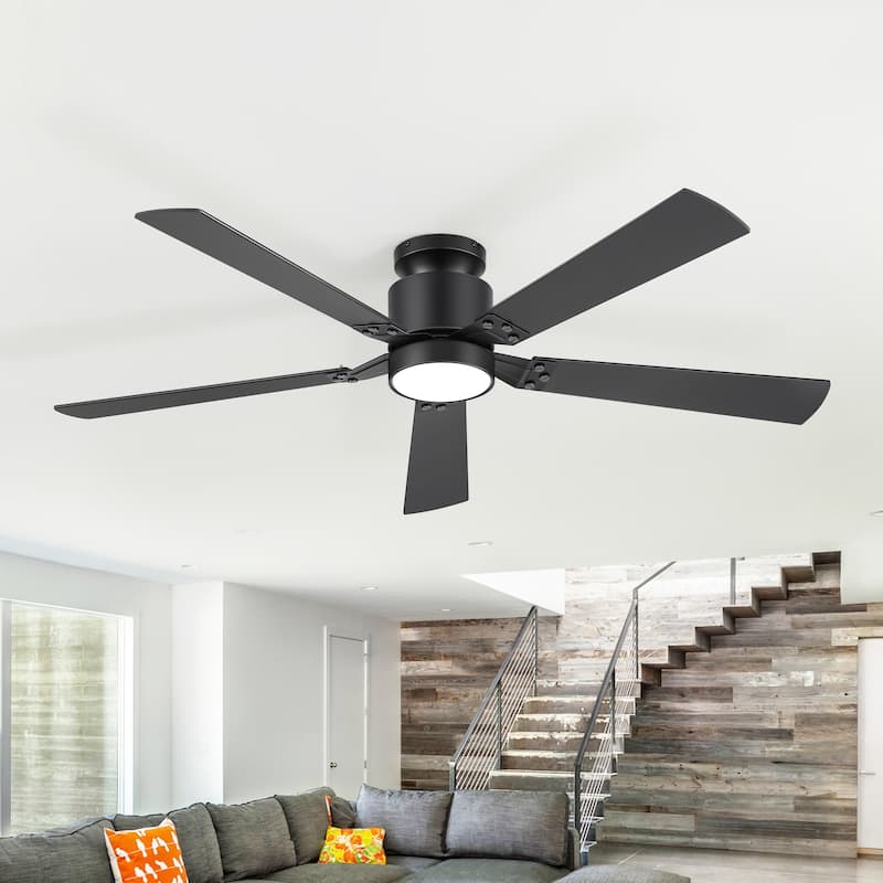 52-Inch Matte Black Flush Mount Ceiling Fan with RGB LED Light and Remote
