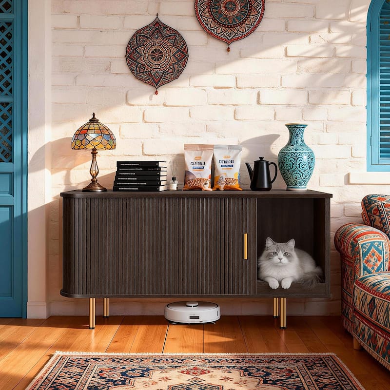 38.5" Cat Litter Box Enclosure with Scratch Pad and Sliding Door,Cat Hidden Litter Box Cabinet,Modern Indoor Cat House,TV Stand