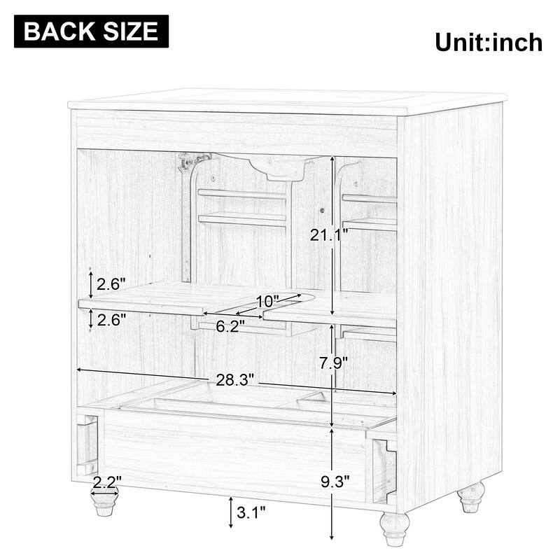 30" Bathroom Vanity, Center Rectangular Ceramic Sink Bathroom Cabinet, Natural - 30 Inch