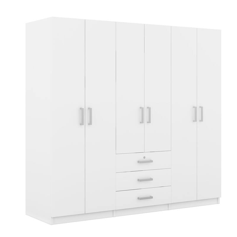 6-Doors Wooden Wardrobe Storage Modern Simple Wardrobe Hidden Wardrobe with Big Drawers and Silver Handles for Cloakroom