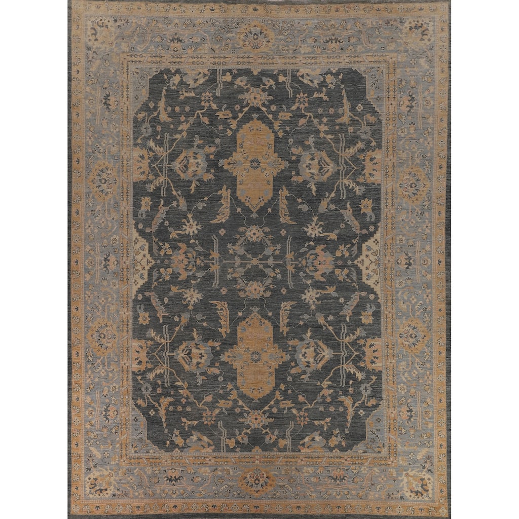 Vegetable Dye Floral Oushak Turkish Large Rug Handmade Wool Carpet - 11'11"x 14'7"