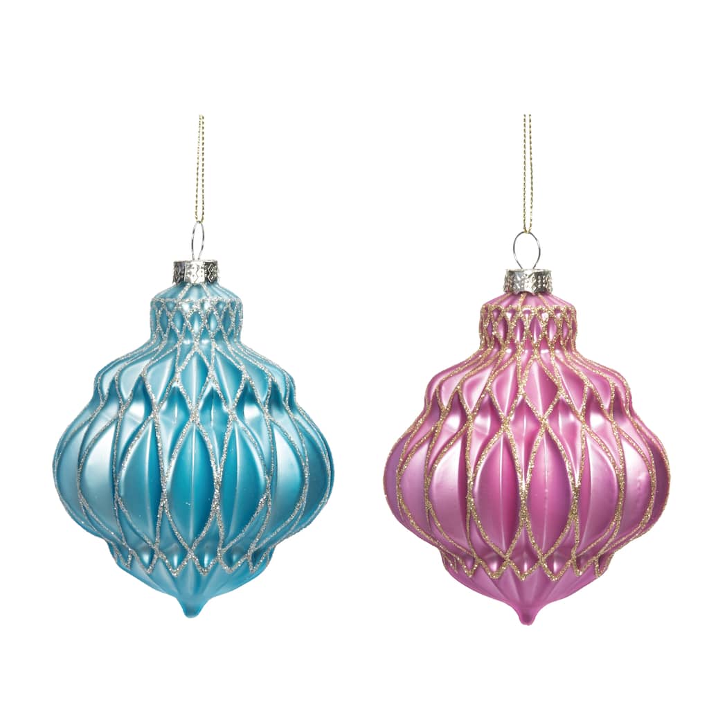 Transpac Glass Bright Pink/Blue Ornament Set of 2 Christmas Home Decorations