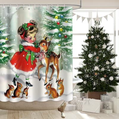 Vintage Christmas Shower Curtain - Retro Girl & Deer Decor, 72" x 72"