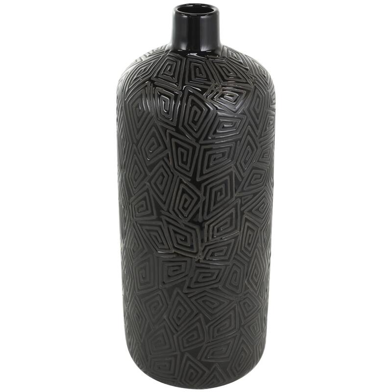 Ceramic Decorative Vase with Geometric Etchings - Black - Roche River Decor - Black - 8"W, 19"H