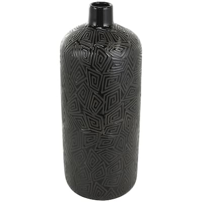 Ceramic Decorative Vase with Geometric Etchings - Black - Roche River Decor