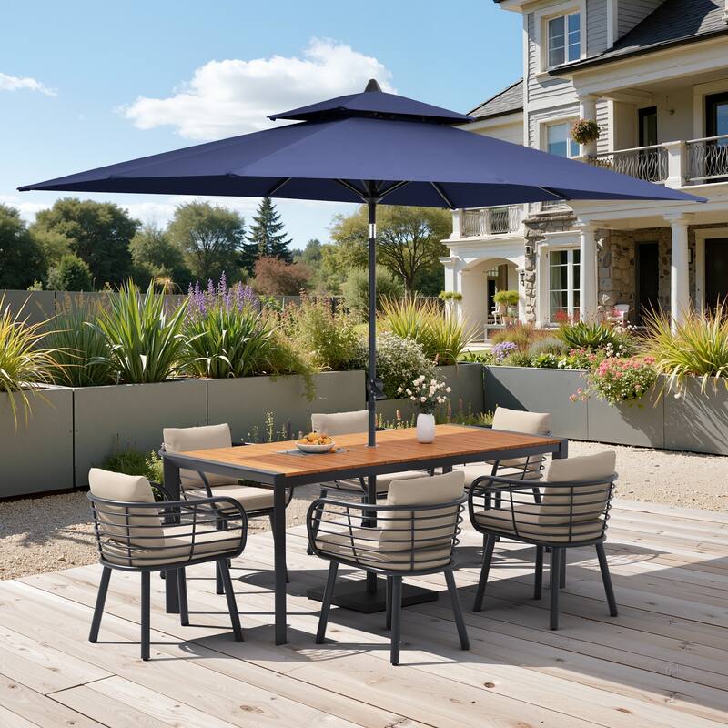 9/11-Piece Outdoor Patio Dining Set w/10 ft Umbrella and Base Aluminum Dining Table and Dining Chairs with Sunbrella Cushions
