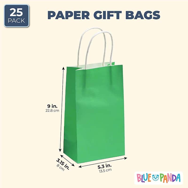 Blue Panda 25-Pack Green Gift Bags with Handles - Small Paper Treat Bags (5.3x3.2x9 In)