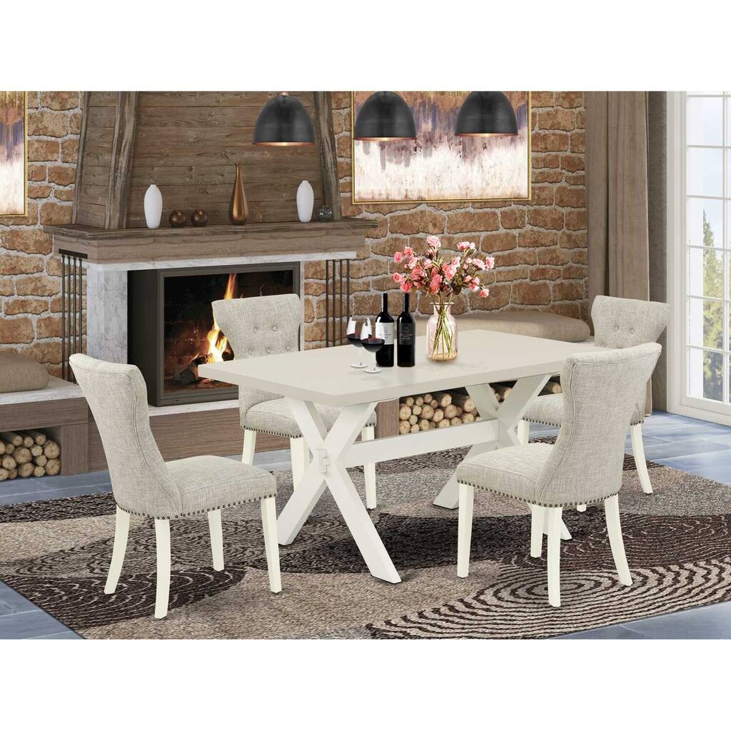HomeStock 5-Piece Rectangle Natural Oak Finish Solid Wood Top Dining Table with 4 Parson Chair with Lattice Back