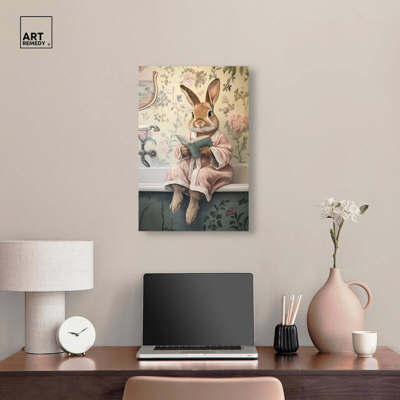 Bunny Bibliophile Bathing Canvas by Art Remedy, Gallery Wrapped
