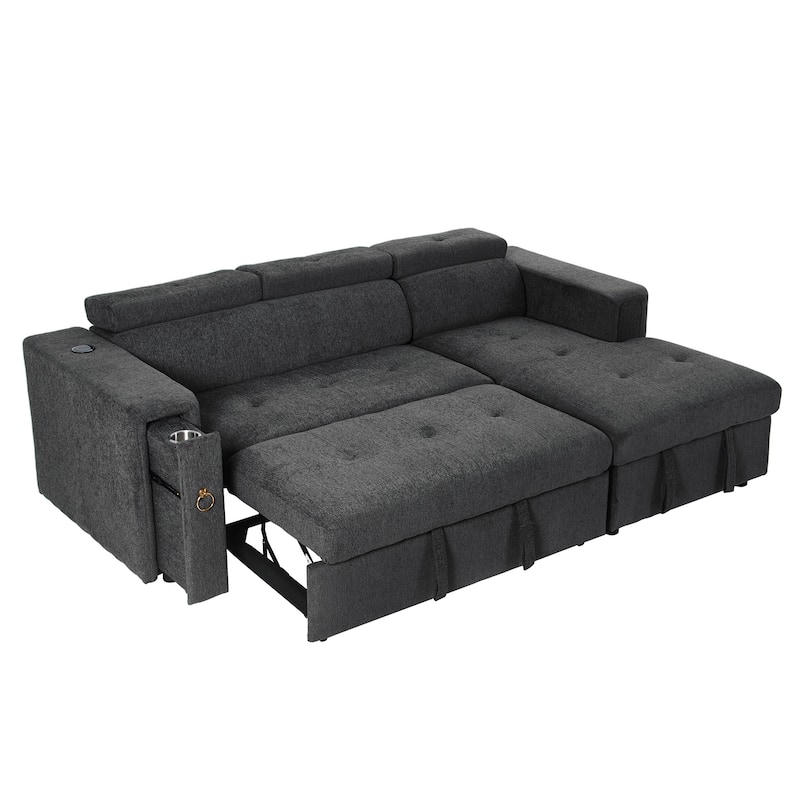 96" L-Shaped 3-Seat Sectional Sofa with Pull-Out Bed, Wireless Charging, and Hidden Storage with Cup Holders