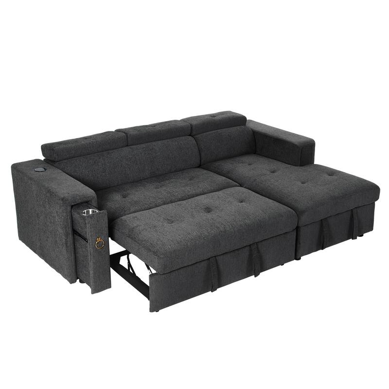 96" L-Shaped 3 Seater Sectional Sofa with Pull-Out Bed, Adjustable Headrest, Wireless Charging, Storage, and Cup Holders