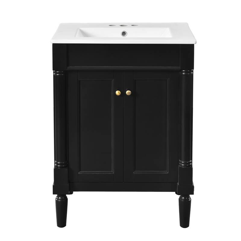 24 Inch Bathroom Vanity with Ceramic Top Sink, Freestanding Single Sink Vanity with Storage Shelves, Modern Style