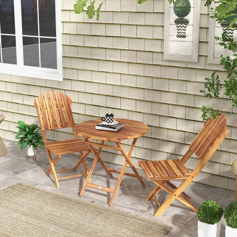Outsunny 3-Piece Acacia Wood Bistro Set, Foldable Bistro Table and Chairs, Outdoor Bistro Set for Garden, Backyard, Balcony
