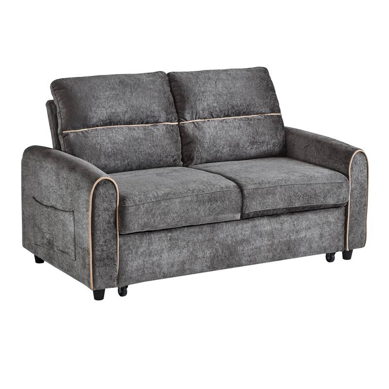 Roomfitters 58 Inch Chenille Pull Out Loveseat Sofa Bed with USB Ports and Side Storage Pockets, Modern