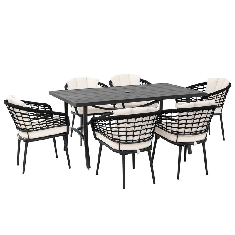 Outdoor Rope and Aluminum Dining Set with Powder-Coated Frame, Beige Cushions