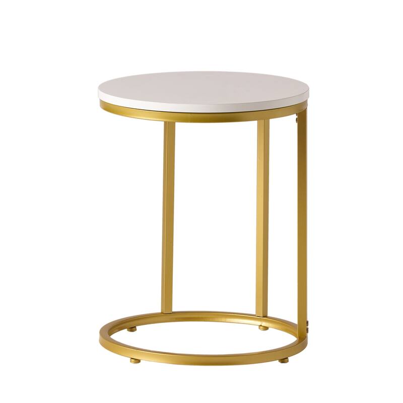 Roomfitters Round End Table with Metal Frame, Modern Accent Side Table for Living Room or Bedroom, Gold + White