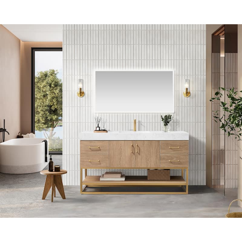 Alistair 60" Single Vanity with White Grain Stone Top without Mirror - 60" x 22"