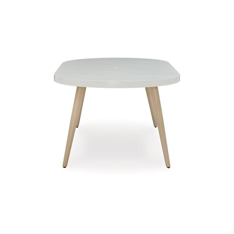 Yami Outdoor Dining Table, 80 Inch Oval Faux White Stone Top, Brown