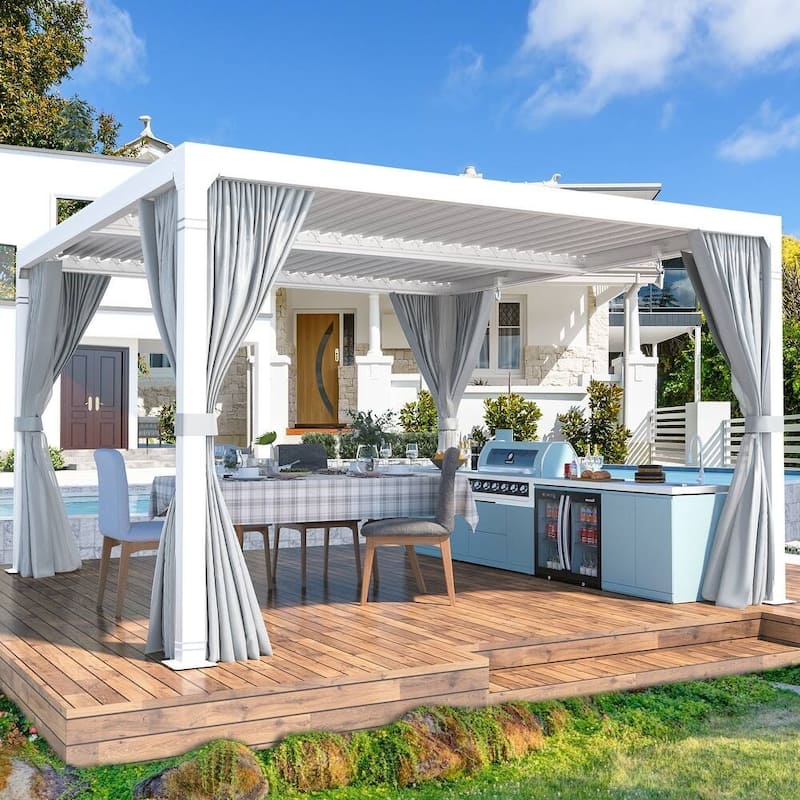 Outdoor Louvered Pergola, Outdoor Patio Hardtop Gazebo, Adjustable Metal Roof Curtains and Netting Included - 12' x 12' - White