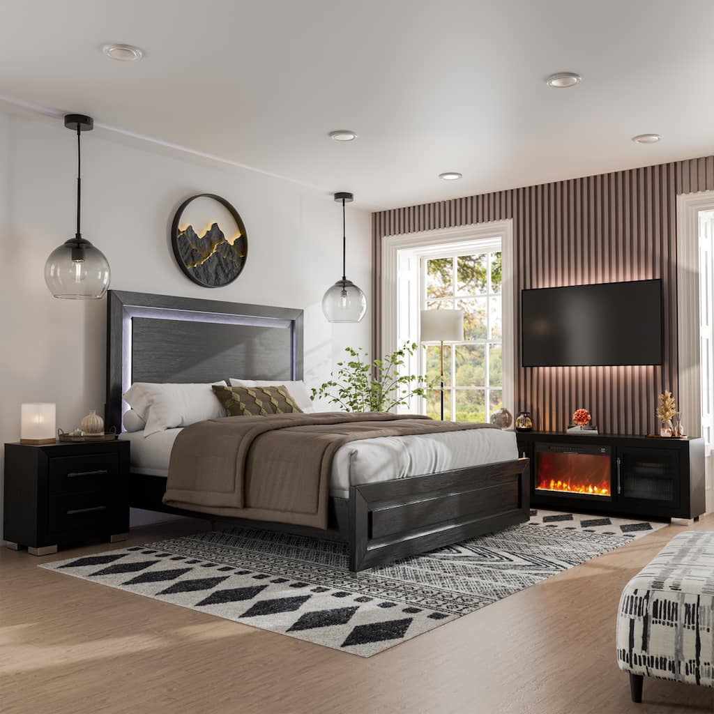 Furniture of America Alaric Modern Black Solid Wood 4-Piece Bedroom Set with 72-inch Fireplace TV Stand and 2 Nightstands