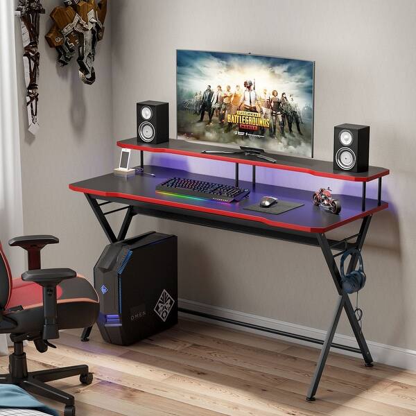 Large Gaming Desk With Monitor Stand Ergonomic Pc Gaming Table Black Red Overstock