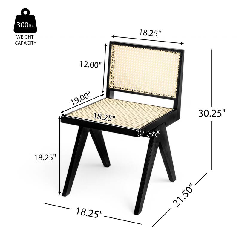 Roomfitters Chandigarh Solid Wood Dining Side Chair with Rattan Cane Back, Black Set of 2