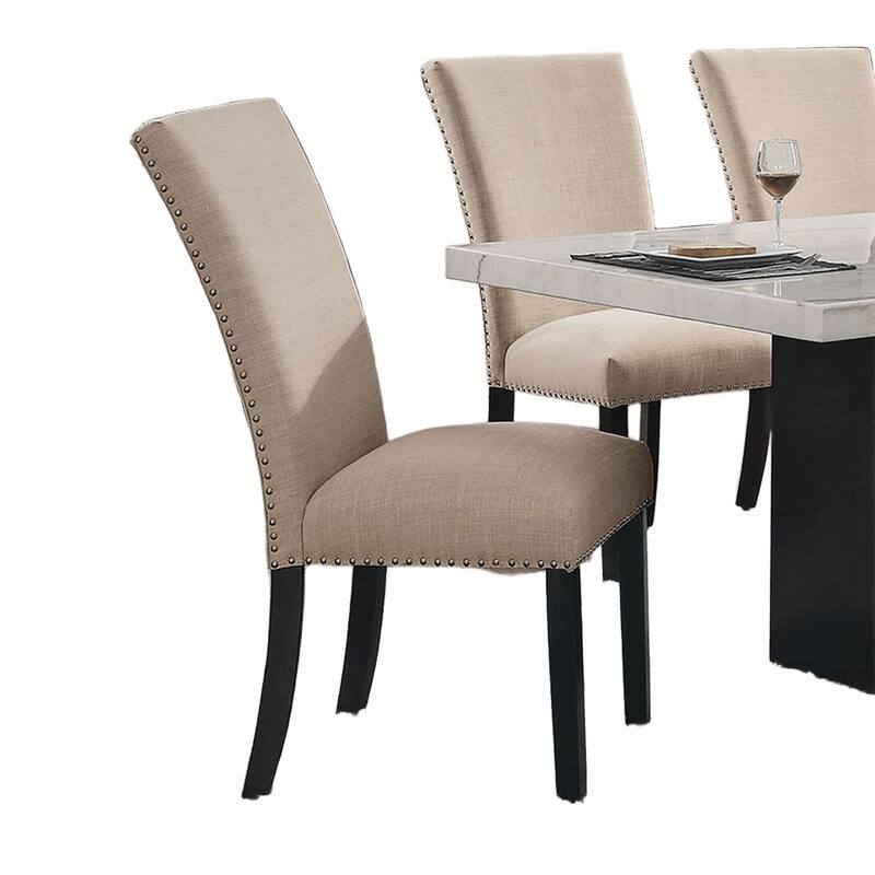 Beige Linen Like Fabric Contemporary 2pc Dining Side Chairs Nalihead Trim Black Solid wood Legs Dining Room Chairs
