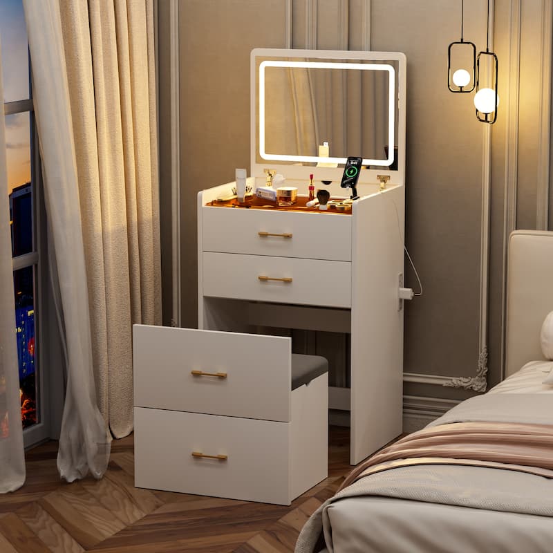 3-in-1 Vanity Desk with Visible Glass Desktop & Open Top Mirror - White