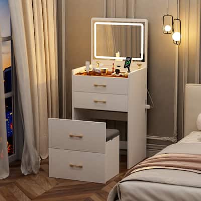 3-in-1 Vanity Desk with Visible Glass Desktop & Open Top Mirror