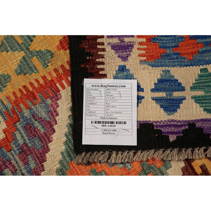 Colorful Trellis Kilim Oriental Rug Flatweave Geometric Wool Carpet - 8'5"x 10'3"