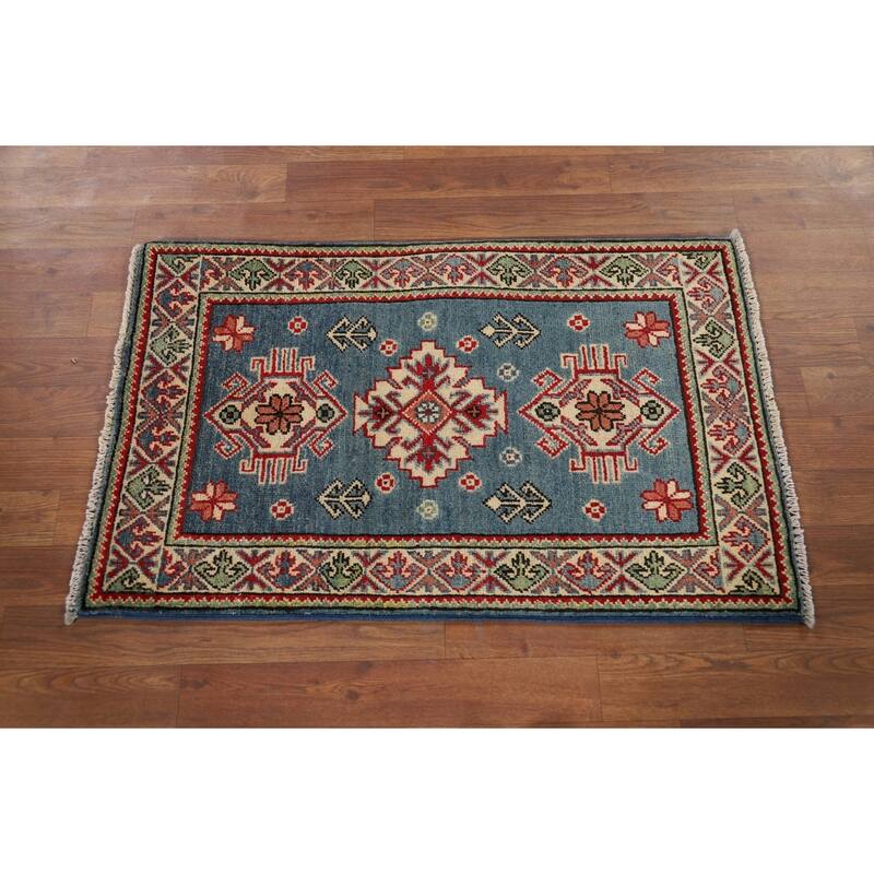 Hand Knotted Oriental 100% Wool Carpet Traditional Geometric Navy Blue & Blues Kazak Area Rug - 3' 3'' X 1' 11''