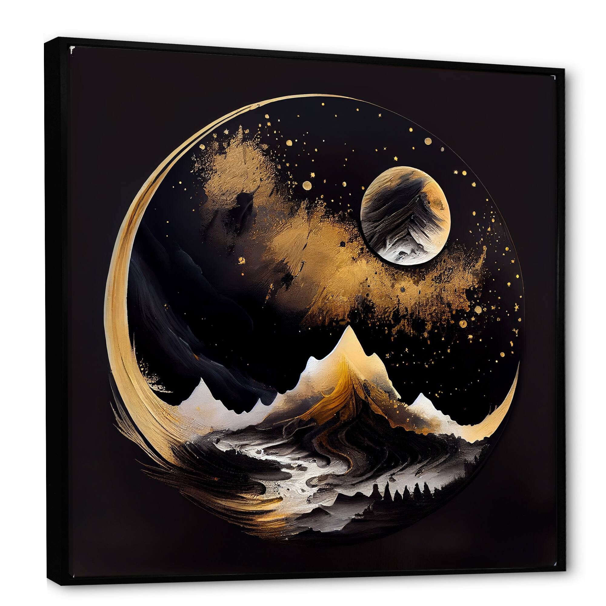 Designart "Black And Gold Mountain Landscape III" Outer Space Framed