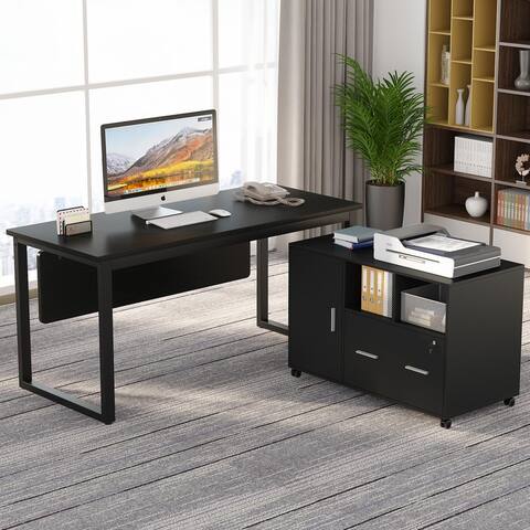 L Shaped Desk with 40 inch Mobile File Cabinet, Executive Office Desk
