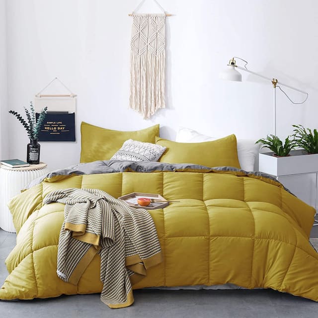 Kasentex All Season Down Alternative Quilted Comforter Set Reversible Ultra Soft Duvet Insert - Yellow/Grey - King