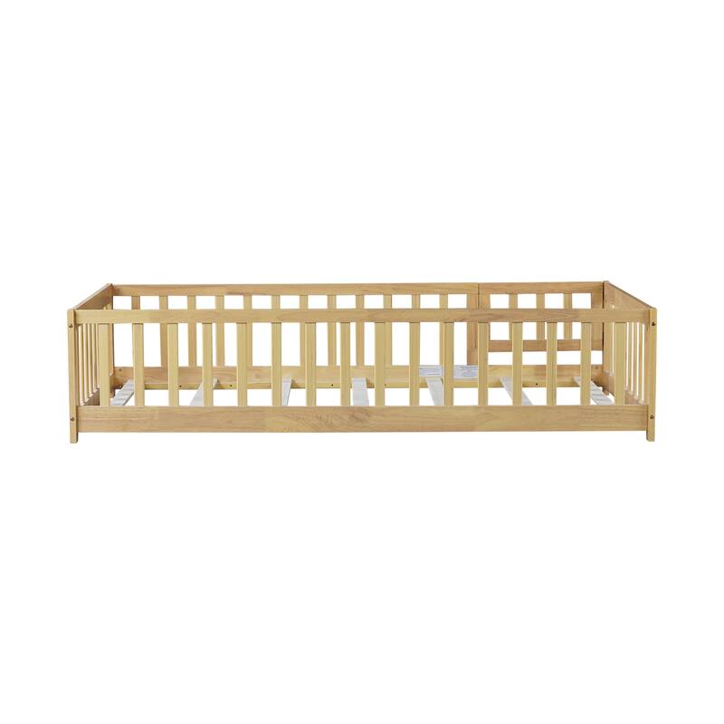 Twin Low Floor Kids Bed with Safety Fence and Reinforced Slats, Natural Rubber Wood Floor Bed for Toddlers